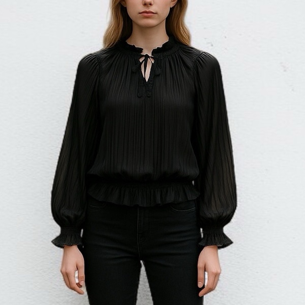 Diane Von Furstenberg Silk High Neck Pleated Ruffle Blouse in Black | Size 4
